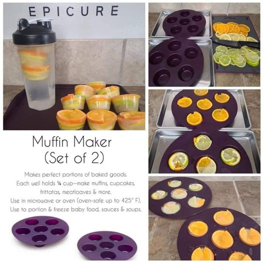 May be an image of food and text that says 'EPICURE Muffin Maker (Set of 2) Makes perfect portions of baked goods. Each well holds cup-make muffins, cupcakes, frittatas, meatloaves more. Use in microwave oven (oven-safe up to 425 F). Use to portion & freeze baby food, sauces soups.'